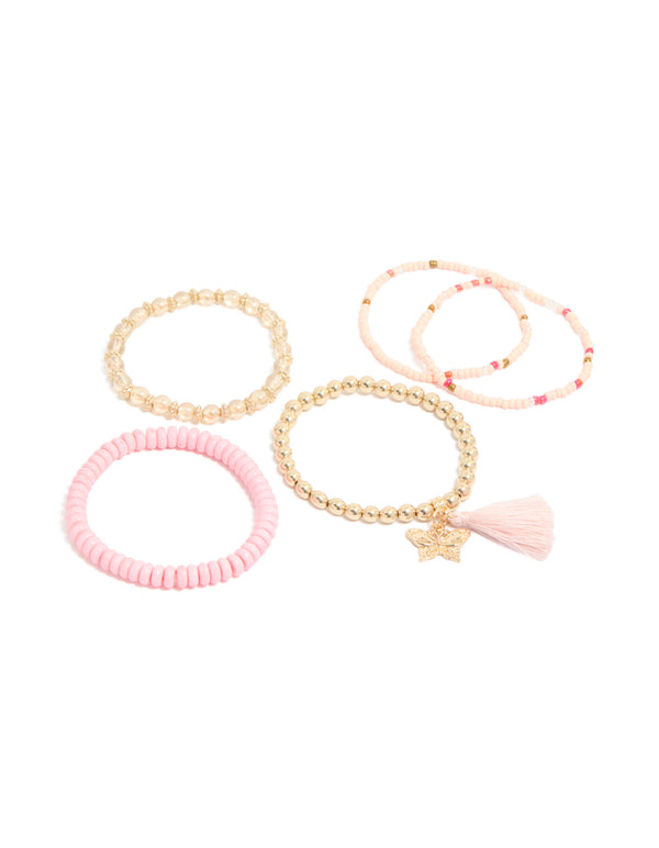 Featuring five beaded gold and pink bracelets with butterfly and a tassel in front view