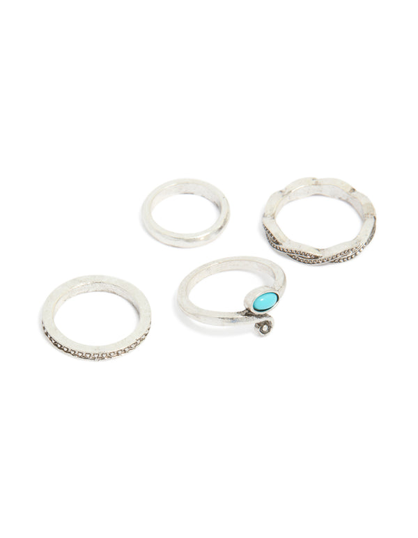 Showcasing an antique silver and blue gem toe rings pack in turquoise and darkgrey tones front