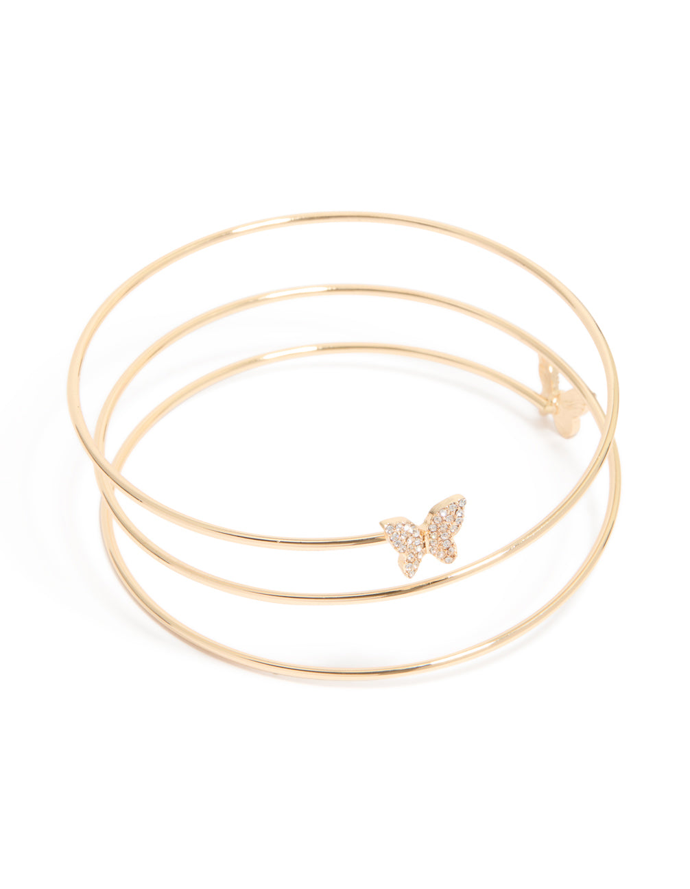 Showcasing a gold layered butterfly arm cuff in statement style front view