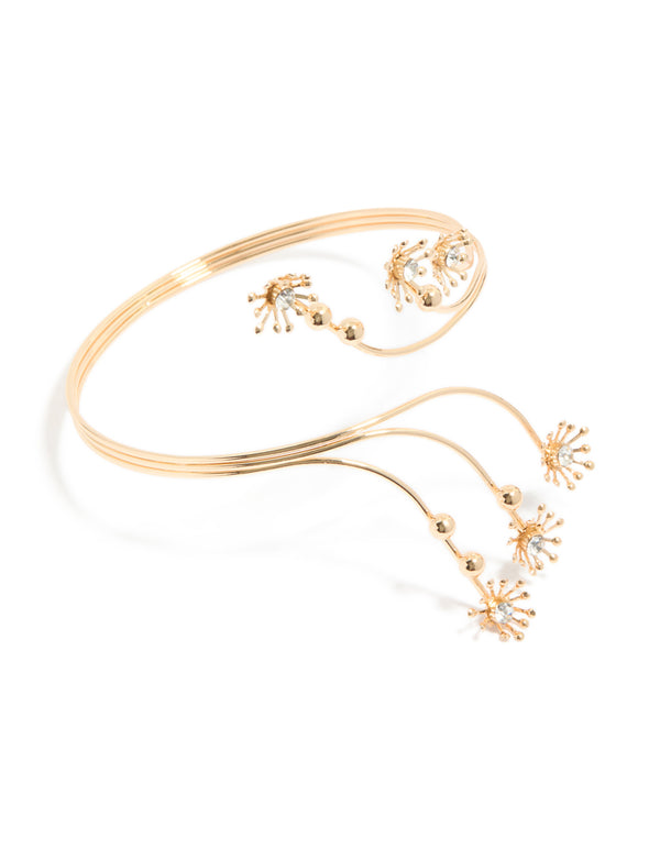 Featuring diamante small flowers arm cuff in gold with ball feature front view