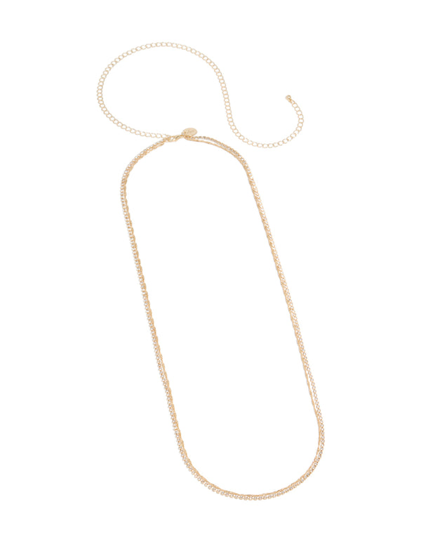 Featuring a gold double-layered waist chain with embellished crystal cubic zirconia front view