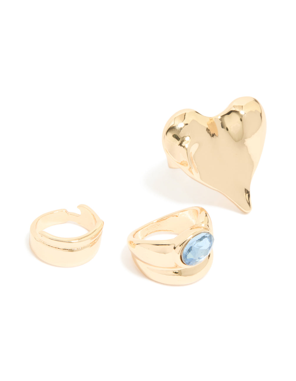 Crafted from gold featuring sky blue gemstone and heart charm 3-pack rings front view