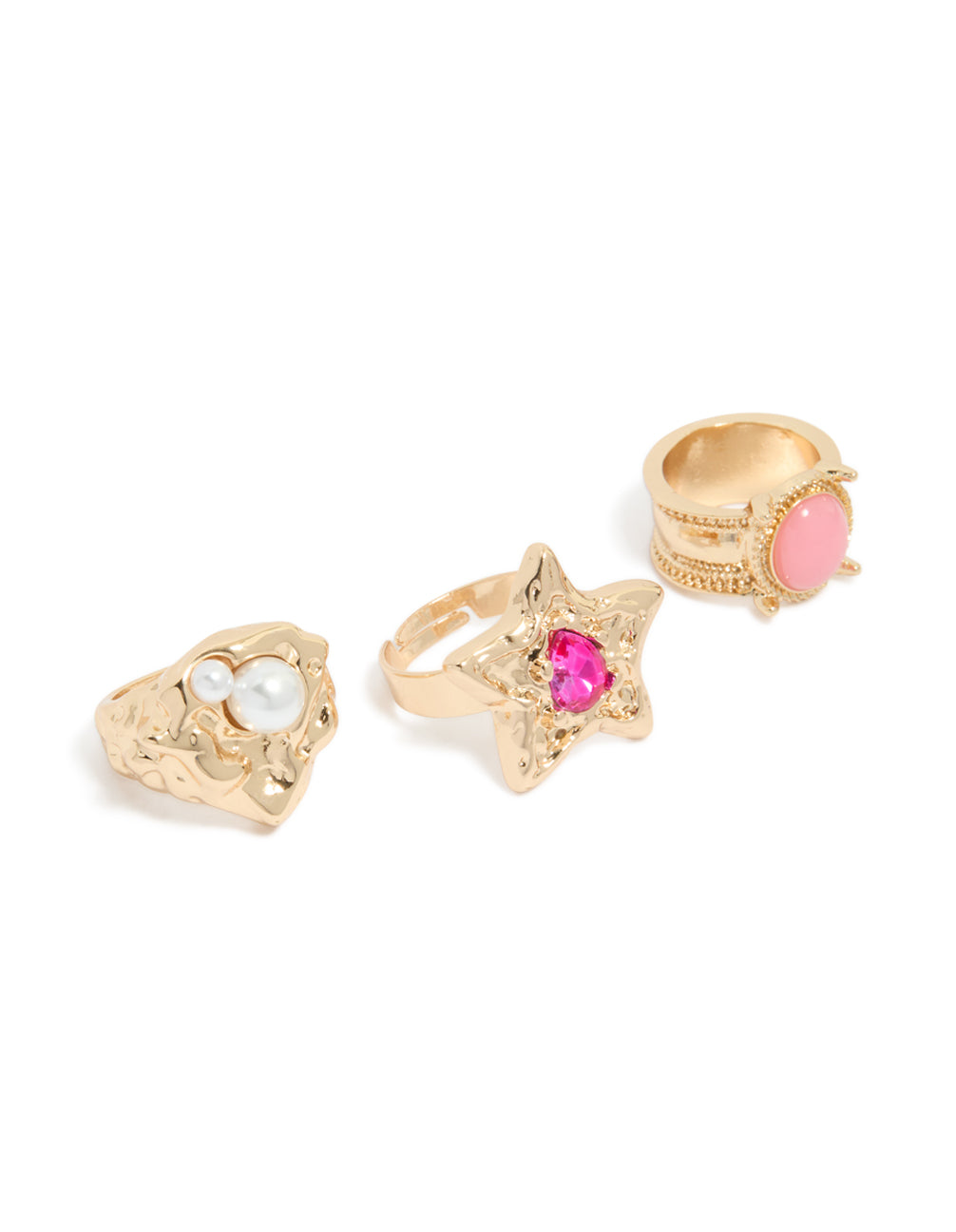 Showcasing brushed gold stone rings in a 3-pack featuring pearl and celestial star details front view