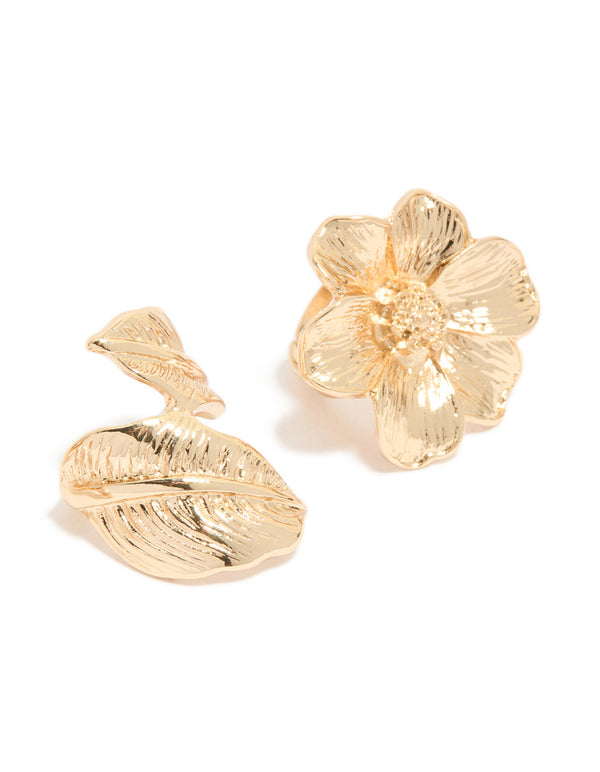 Featuring gold flower rings 3-pack with floral leaf pattern close up view