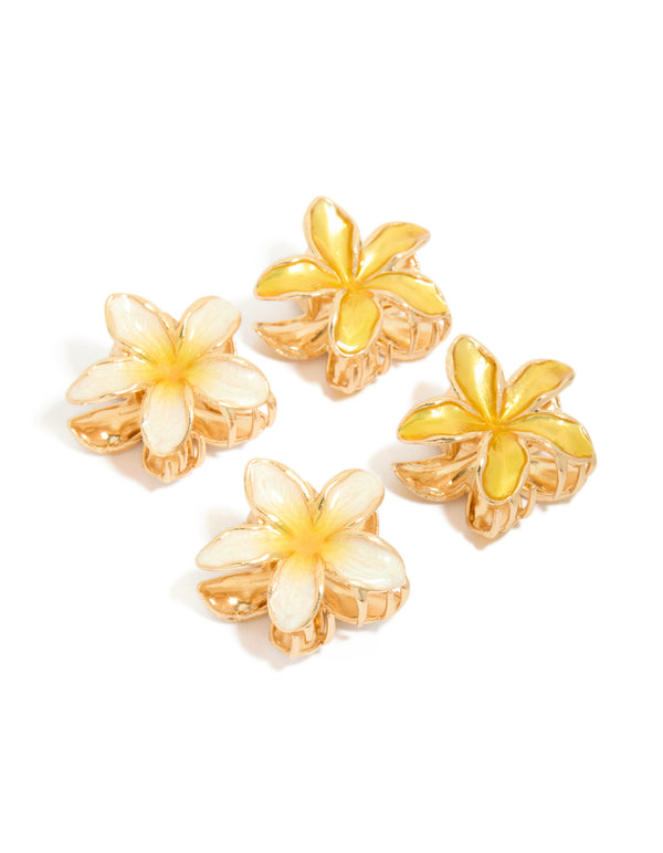 Gold Small Yellow Enamel Frangipani Flower Claw Clips 4-Pack