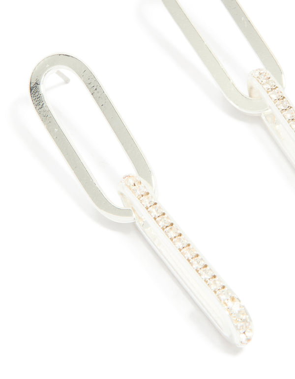 Silver Plated Double Rectangle Diamante Stud Earrings