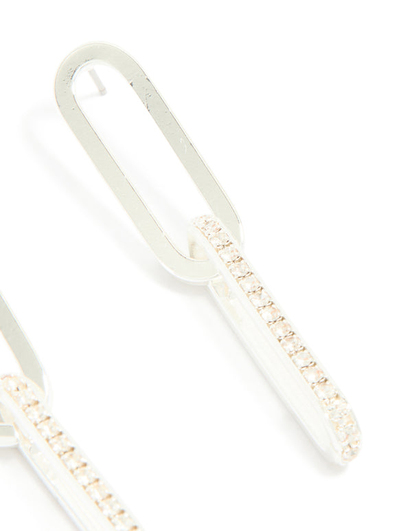 Silver Plated Double Rectangle Diamante Stud Earrings