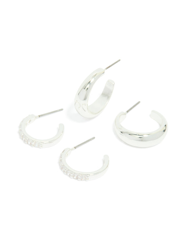 Elegant silver plated cubic zirconia and smooth hoop earrings 2-pack featuring crystal embellishments front view