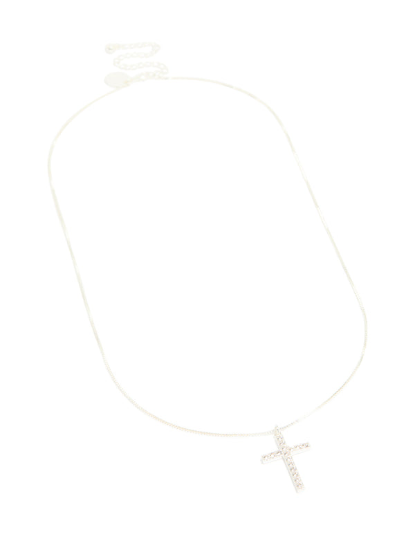 Featuring a silver plated fine chain necklace with dainty diamante cross pendant front view