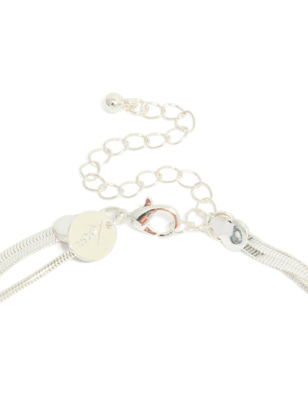 Detailed view of silver plated snake chain layered necklace featuring lobster clasp detail view