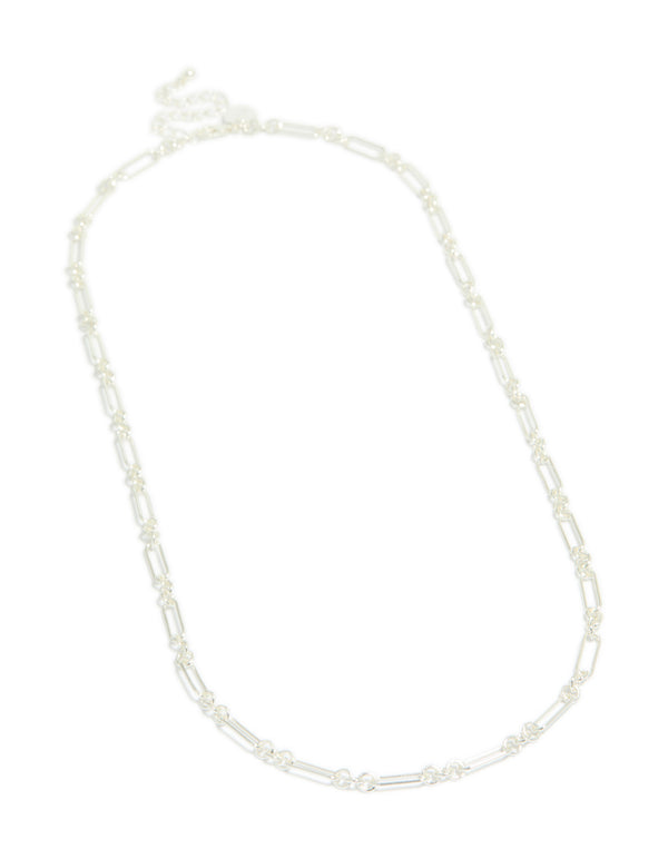 Presented here is a silver plated long figaro chain necklace displaying complete design front view