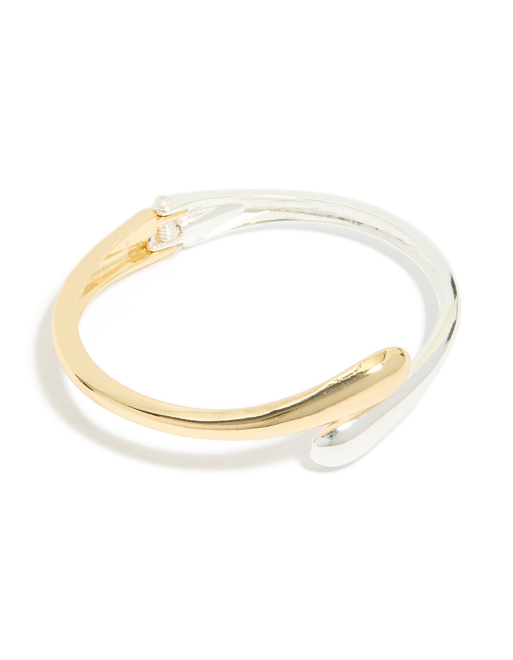 Showcasing a mixed metal plated wrap around bangle in gold and silver in front view