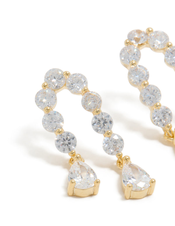 Elegant gold plated cubic zirconia teardrop double drop earrings close up view