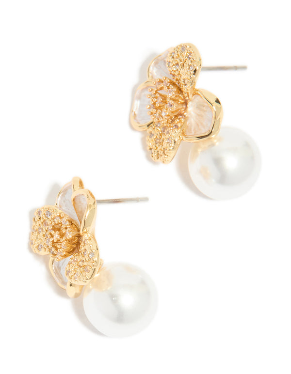 Gold Plated Cubic Zirconia Flower & Pearl Drop Earrings
