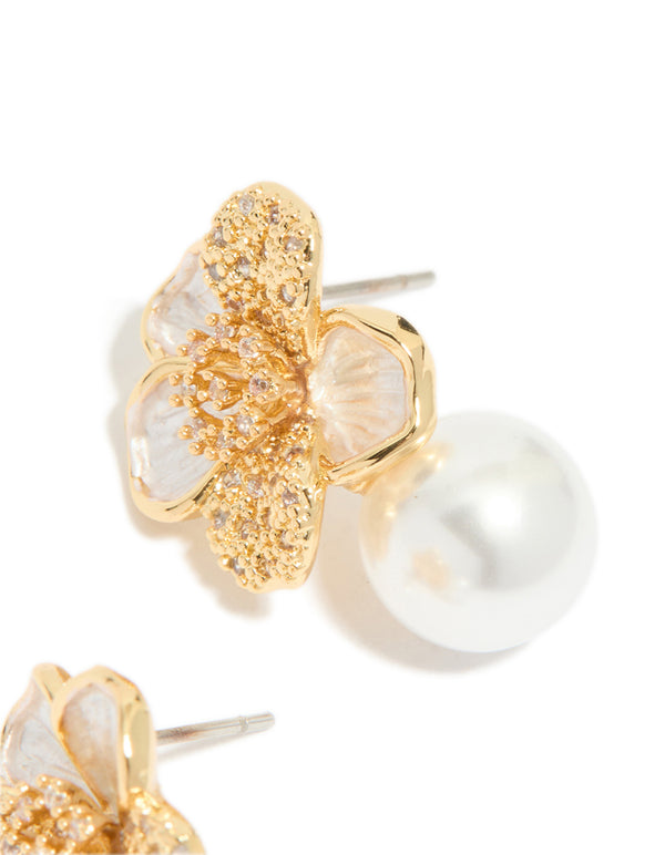 Discover statement gold plated cubic zirconia flower and pearl drop earrings in ivory white post detail view