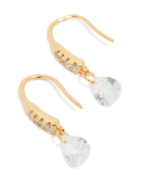 Radiant gold plated floating cubic zirconia hook earrings close up view