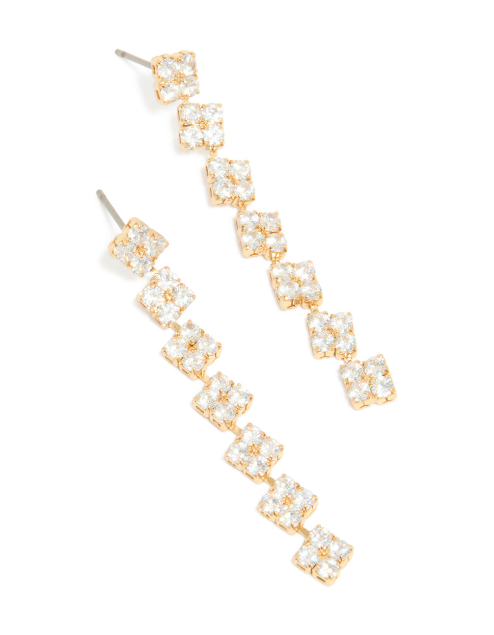 Capturing gold plated cubic zirconia multi flower drop earrings with floral pattern front view