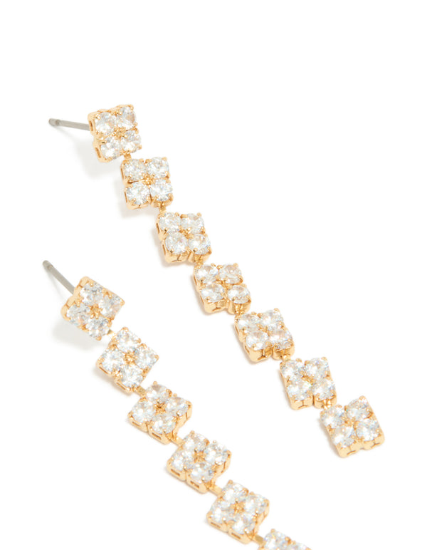 Displaying gold plated cubic zirconia multi flower drop earrings with floral pattern post detail view