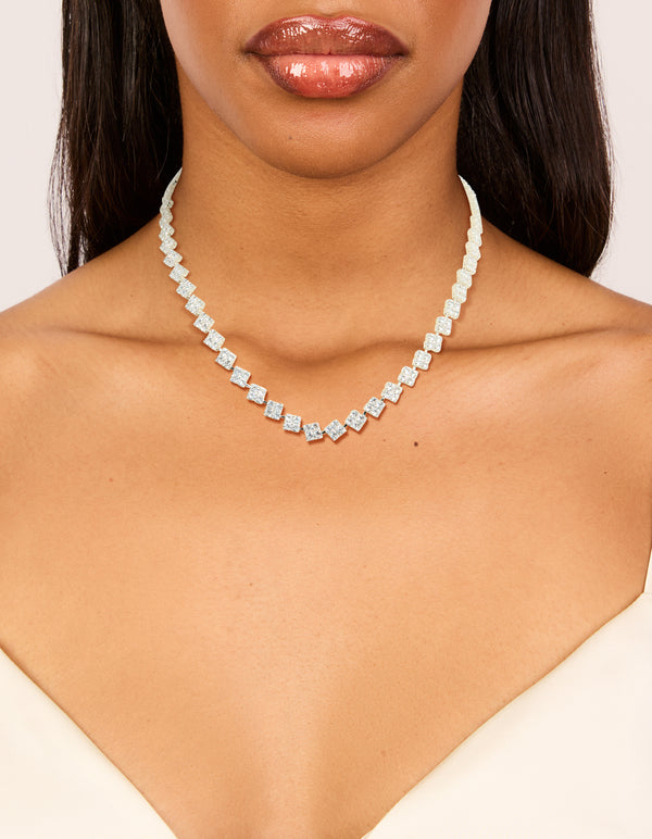 Silver Plated Cubic Zirconia Multi Flower Necklace