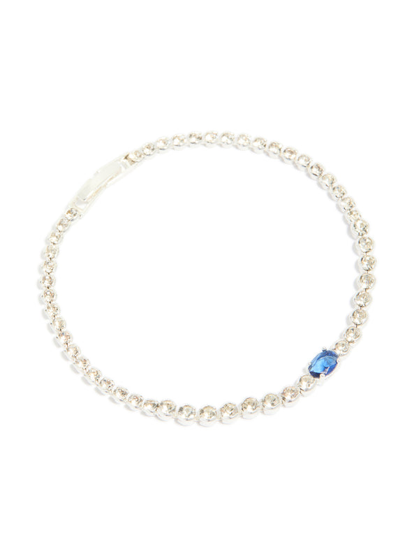 Featuring a silver plated sapphire cubic zirconia oval tennis bracelet in dodger blue front view