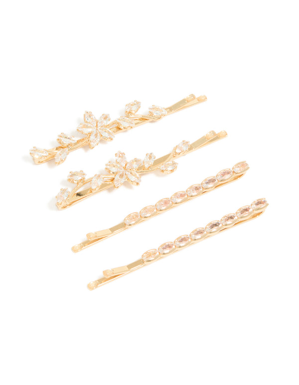 Gold Cubic Zirconia Flower & Oval Clips 4 Pack