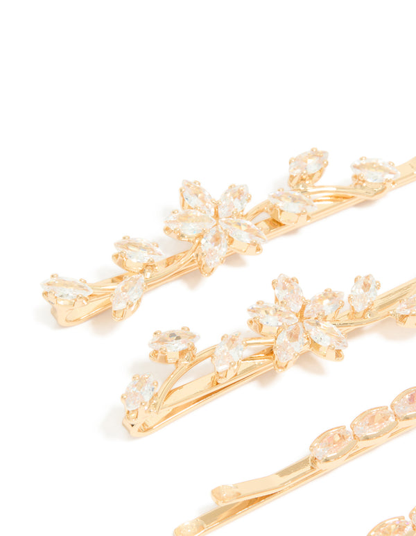 Gold Cubic Zirconia Flower & Oval Clips 4 Pack