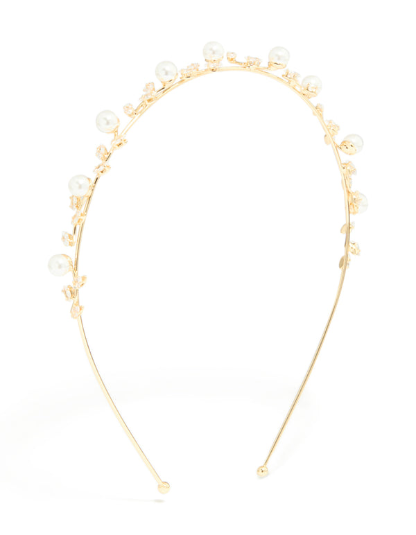 Beautifully crafted gold pearl and cubic zirconia dainty vine headband with leaf feature design front view