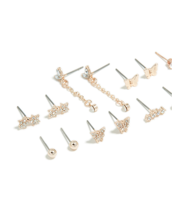 Rose Gold Butterfly Chain & Star Earrings 8-Pack