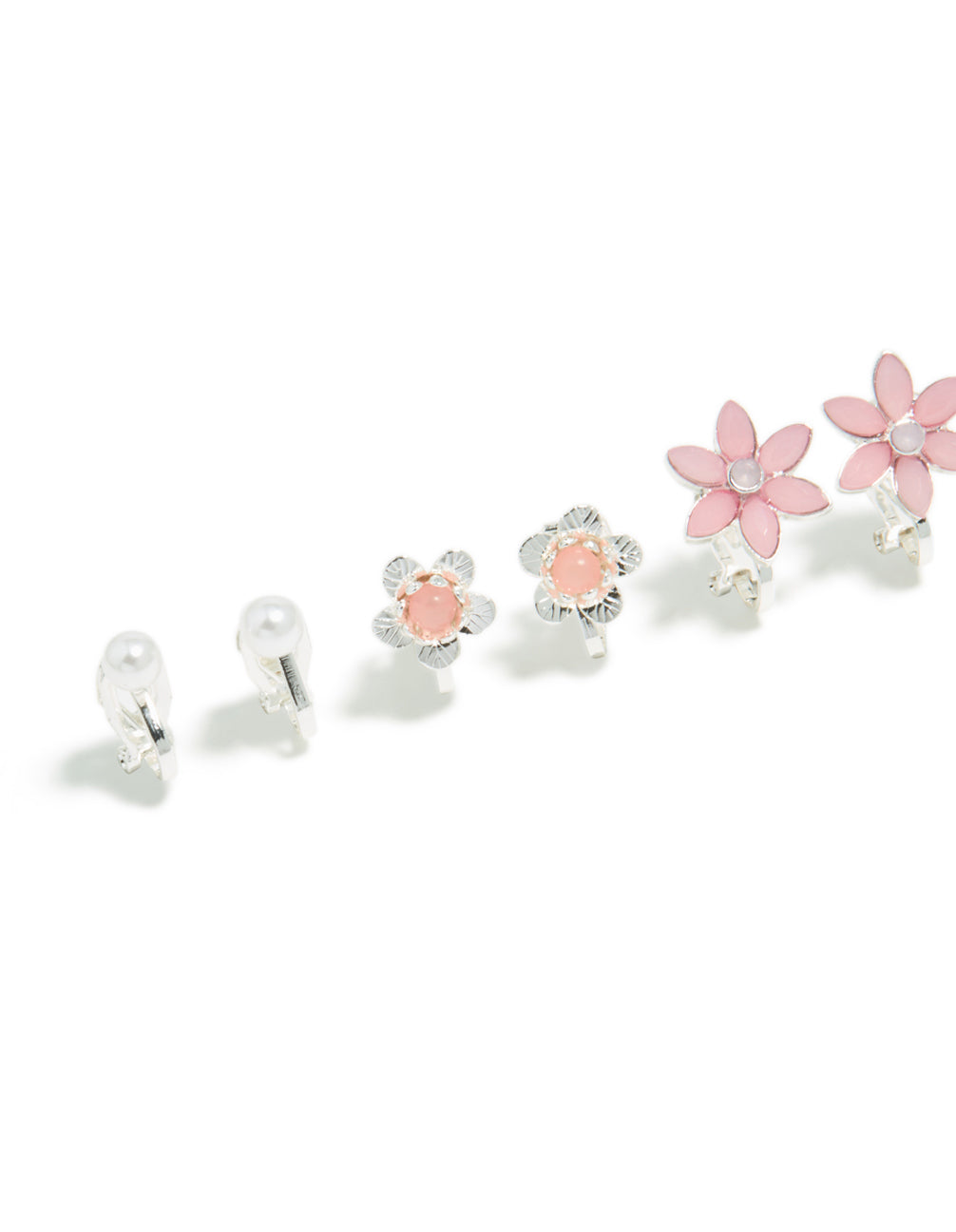 Discover silver pretty flower clip on earrings in a 5-pack with floral design and pearl details close up view