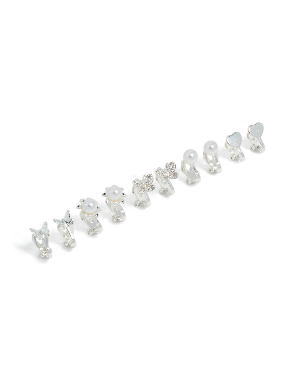 Silver Pearl & Pretty Motif Clip On Earrings 5-Pack featuring butterfly and heart front view