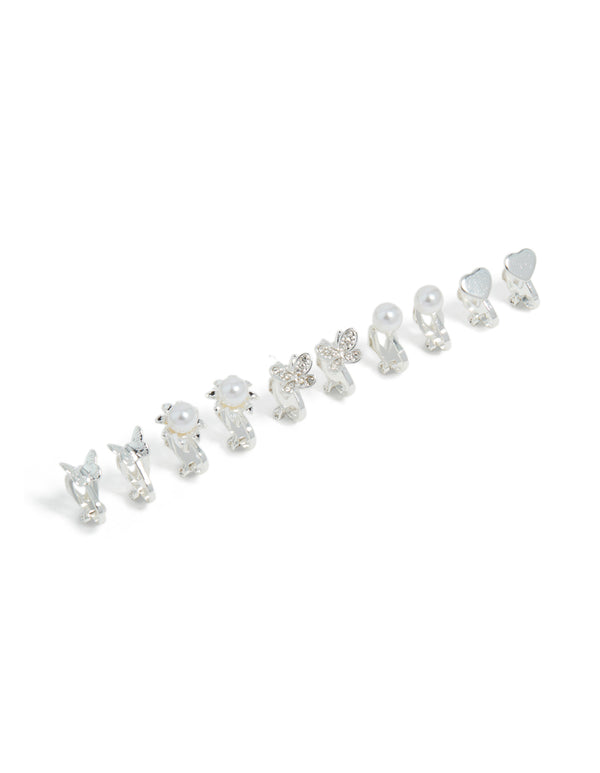 Silver Pearl & Pretty Motif Clip On Earrings 5-Pack