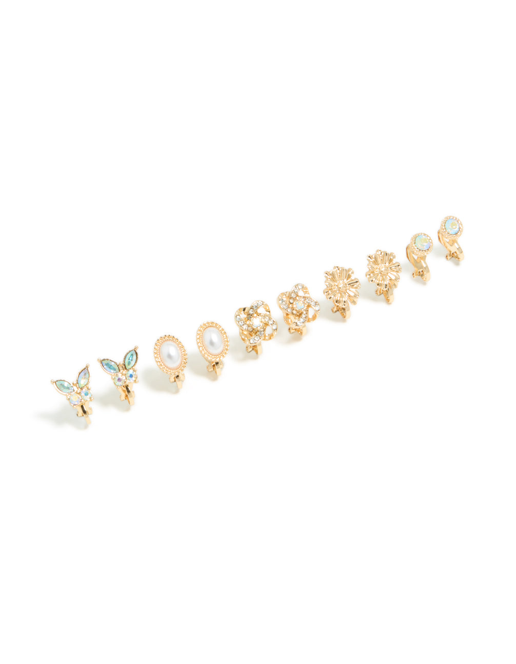 Showcasing gold butterfly clip on earrings in a 5-pack featuring floral and pearl accents front view