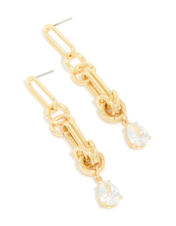Elegant statement drop earrings in gold plated metal with cubic zirconia and knotted link design front view