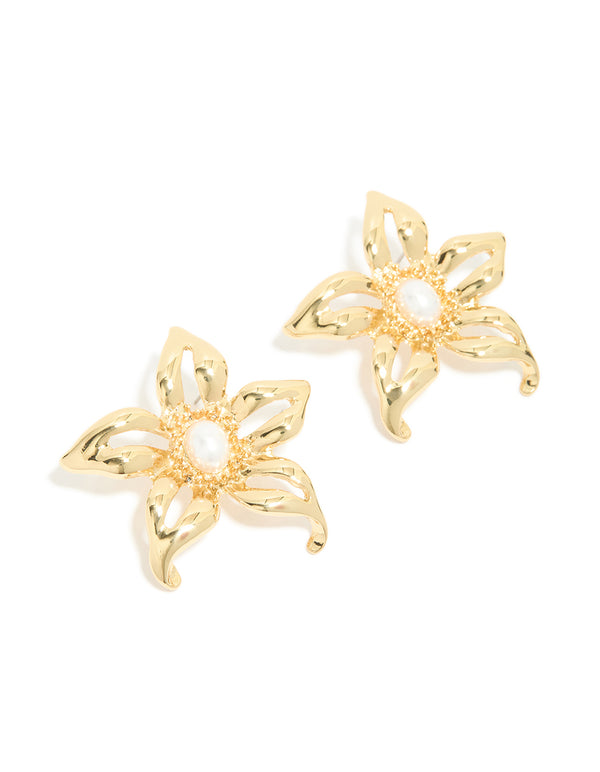 Beautifully crafted gold plated statement pearl flower earrings front view