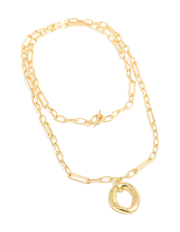 Featuring gold plated oval toggle clasp chain layered necklace with pendant front view