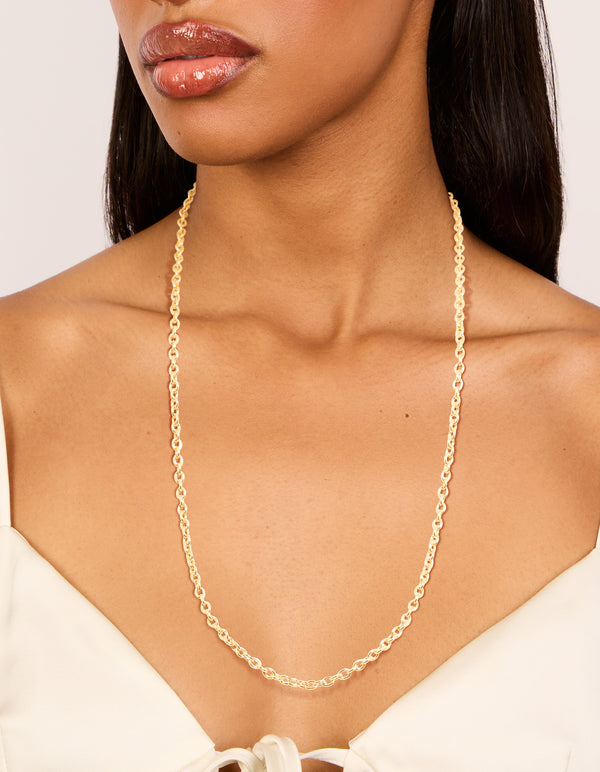 Showcasing a gold plated rolo chain necklace on neck view