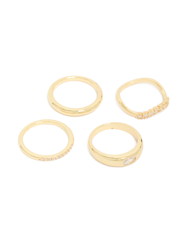 Showcasing gold plated cubic zirconia and plain rings 4-pack featuring crystal embellishments in stackable chunky style front view
