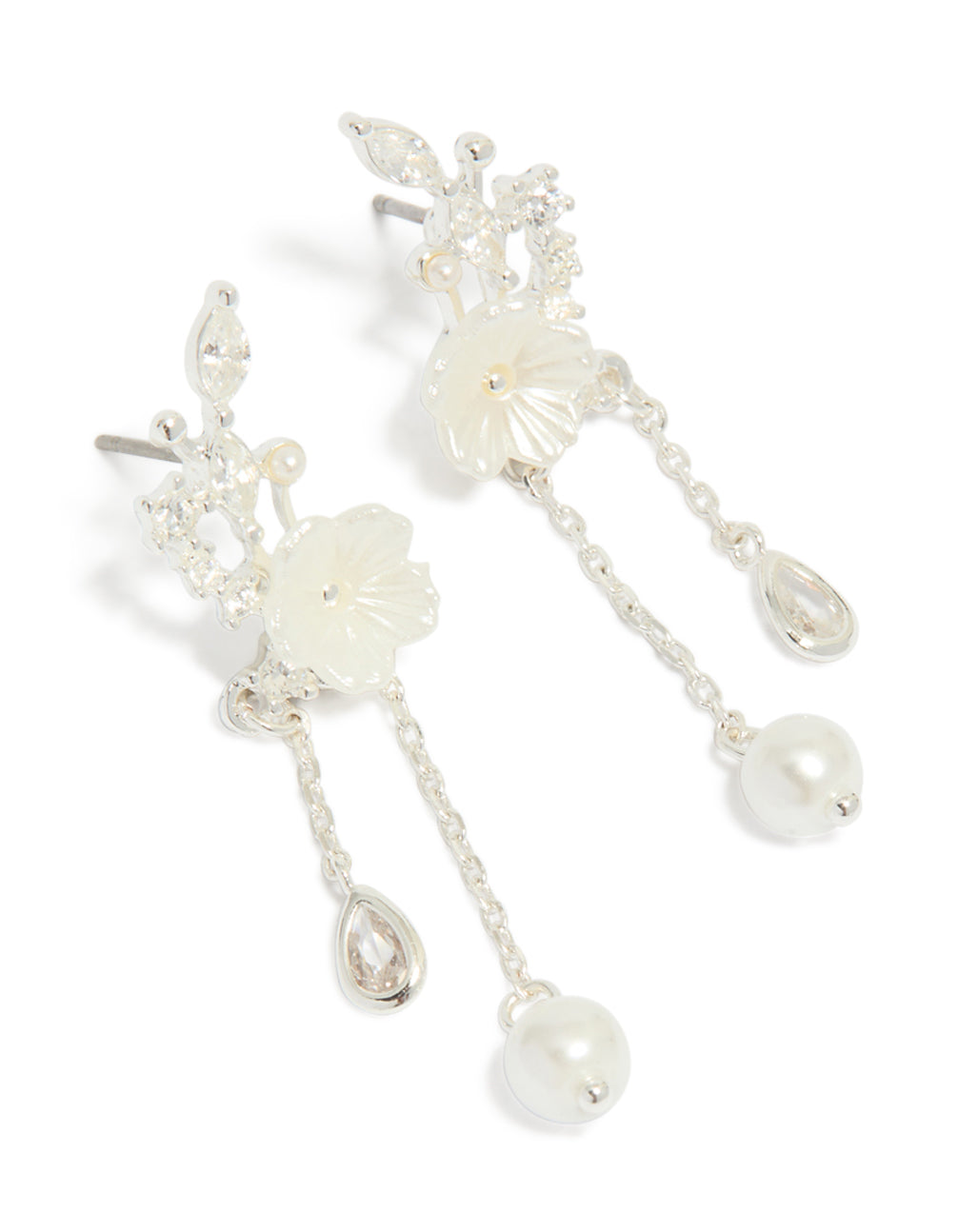 Showcasing silver plated cubic zirconia flower and pearl chain drop earrings with floral pattern in ivory with a front view