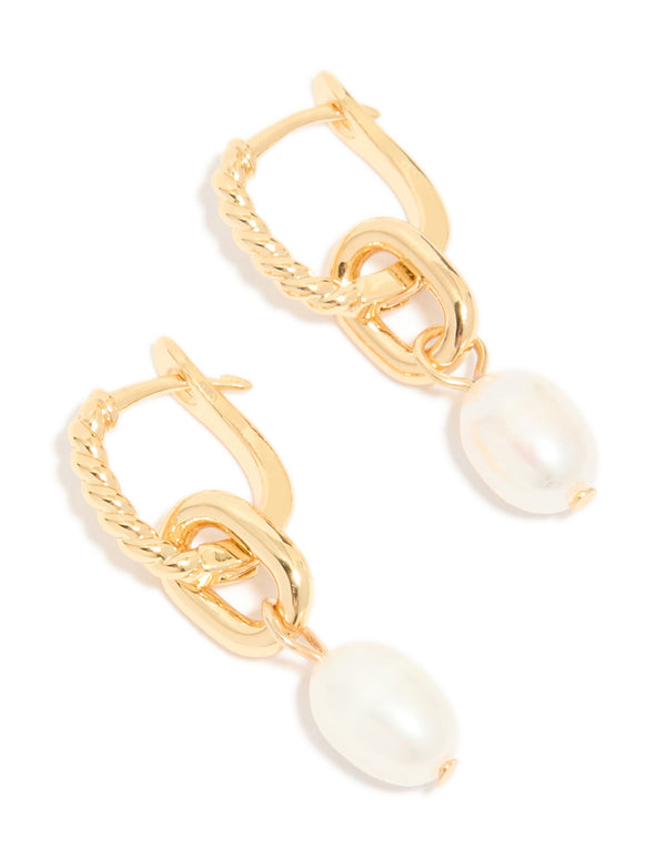 Gold Plated Textured Freshwater Pearl Drop Huggie Earrings