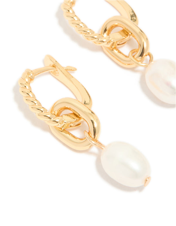 Gold Plated Textured Freshwater Pearl Drop Huggie Earrings