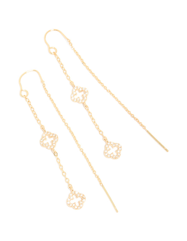 These beautiful gold plated thread through earrings feature cubic zirconia flower front view
