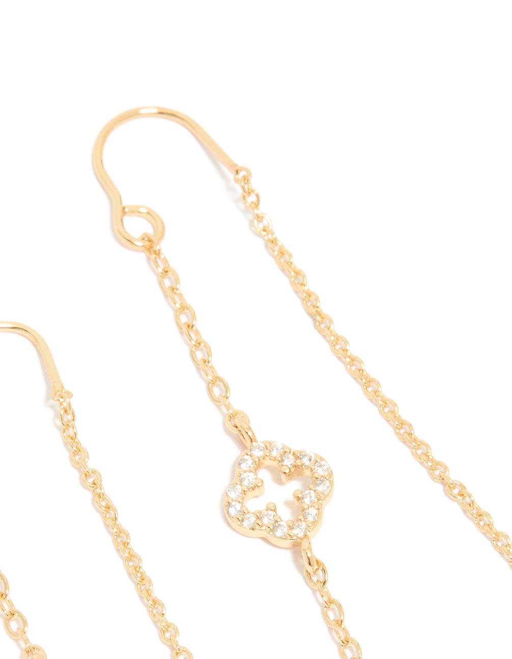 Beautifully crafted gold plated thread through earrings featuring cubic zirconia flower post detail view