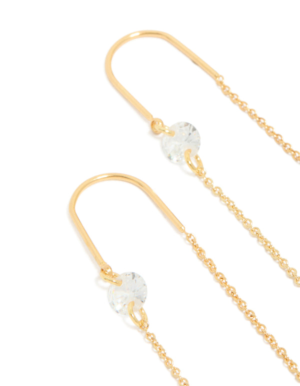 Stunning gold plated cubic zirconia thread through earrings close up view