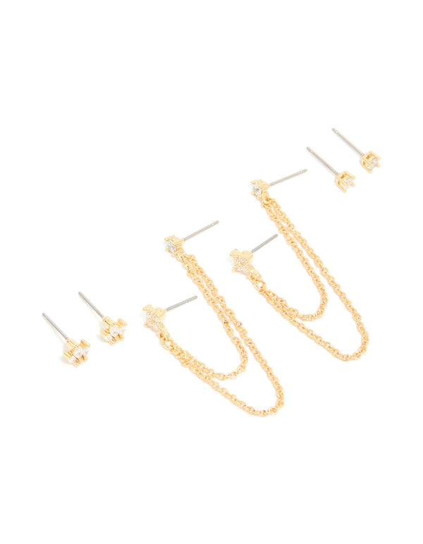 Showcasing gold plated cubic zirconia double chain and stud stacker earrings in a 3-pack featuring crystal elements and stud closure front view