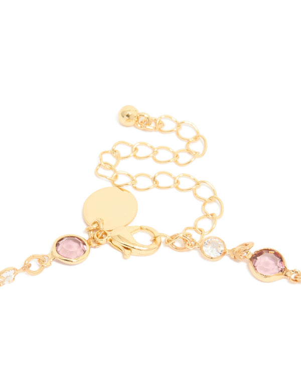 Gold Plated Pink & Clear Cubic Zirconia Station Necklace