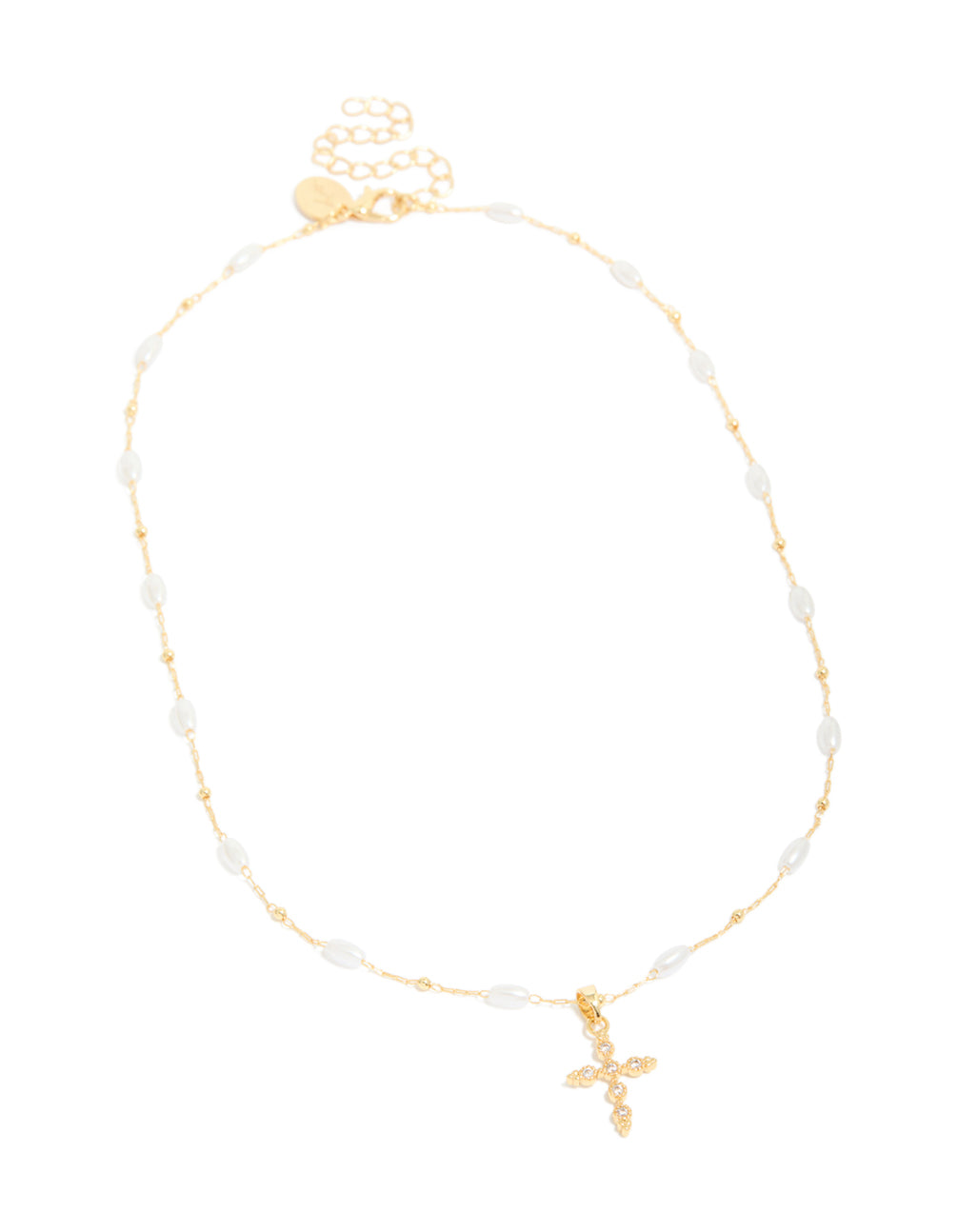 Crafted from gold plated cubic zirconia cross with pearl necklace front view