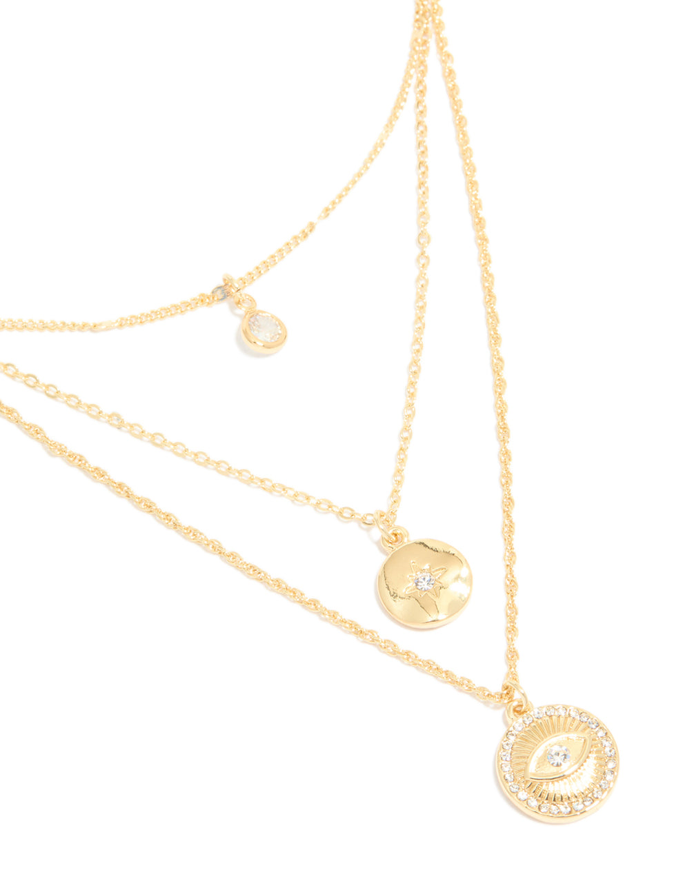 Showcasing is this gold plated layered necklace with cubic zirconia, evil eye and circle pendants close up view