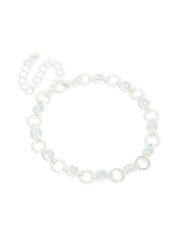 Silver Plated Alternating Cubic Zirconia Round Link Bracelet