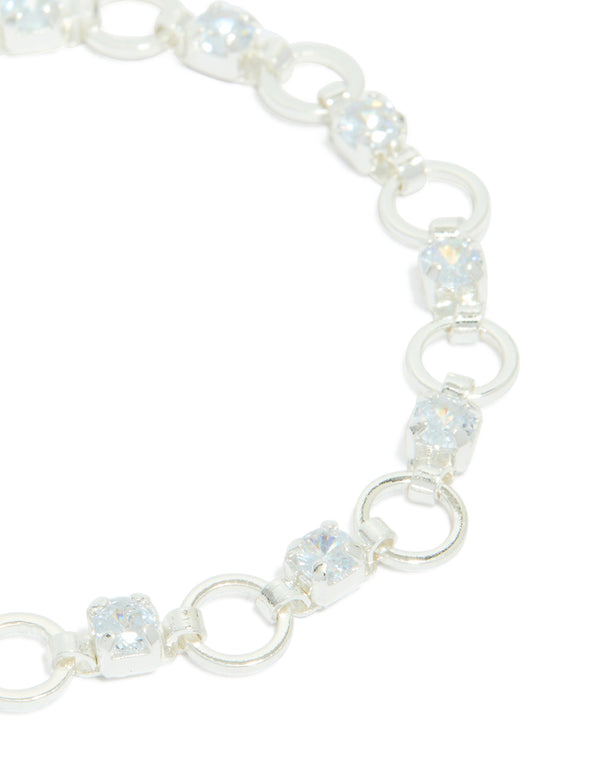 Beautifully crafted silver plated alternating cubic zirconia round link bracelet featuring round stone cut close up view