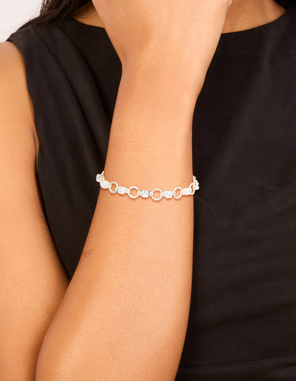 Silver Plated Alternating Cubic Zirconia Round Link Bracelet